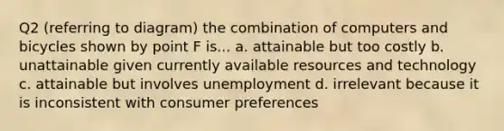 Q2 (referring to diagram) the combination of computers and bicycles shown by point F is... a. attainable but too costly b. unattainable given currently available resources and technology c. attainable but involves unemployment d. irrelevant because it is inconsistent with consumer preferences