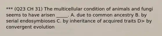 *** (Q23 CH 31) The multicellular condition of animals and fungi seems to have arisen _____. A. due to common ancestry B. by serial endosymbioses C. by inheritance of acquired traits D> by convergent evolution