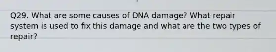 Q29. What are some causes of DNA damage? What repair system is used to fix this damage and what are the two types of repair?