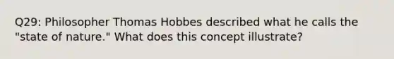 Q29: Philosopher Thomas Hobbes described what he calls the "state of nature." What does this concept illustrate?