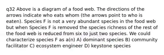 q32 Above is a diagram of a food web. The directions of the arrows indicate who eats whom (the arrows point to who is eaten). Species F is not a very abundant species in the food web but when Species F is removed the species richness of the rest of the food web is reduced from six to just two species. We could characterize species F as a(n) A) dominant species B) community facilitator C) ecosystem engineer D) keystone species