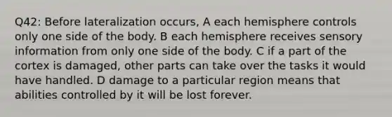 Q42: Before lateralization occurs, A each hemisphere controls only one side of the body. B each hemisphere receives sensory information from only one side of the body. C if a part of the cortex is damaged, other parts can take over the tasks it would have handled. D damage to a particular region means that abilities controlled by it will be lost forever.