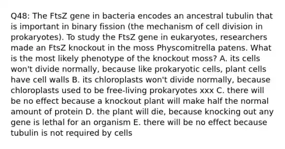 Q48: The FtsZ gene in bacteria encodes an ancestral tubulin that is important in binary fission (the mechanism of cell division in prokaryotes). To study the FtsZ gene in eukaryotes, researchers made an FtsZ knockout in the moss Physcomitrella patens. What is the most likely phenotype of the knockout moss? A. its cells won't divide normally, because like prokaryotic cells, plant cells have cell walls B. its chloroplasts won't divide normally, because chloroplasts used to be free-living prokaryotes xxx C. there will be no effect because a knockout plant will make half the normal amount of protein D. the plant will die, because knocking out any gene is lethal for an organism E. there will be no effect because tubulin is not required by cells