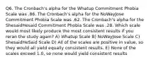 Q6. The Cronbach's alpha for the Whatup Commitment Phobia Scale was .86. The Cronbach's alpha for the NoWayJose Commitment Phobia Scale was .62. The Cronbach's alpha for the ShesaidHesaid Commitment Phobia Scale was .28. Which scale would most likely produce the most consistent results if you reran the study again? A) Whatup Scale B) NoWayJose Scale C) ShesaidHeSaid Scale D) All of the scales are positive in value, so they would all yield equally consistent results. E) None of the scales exceed 1.0, so none would yield consistent results