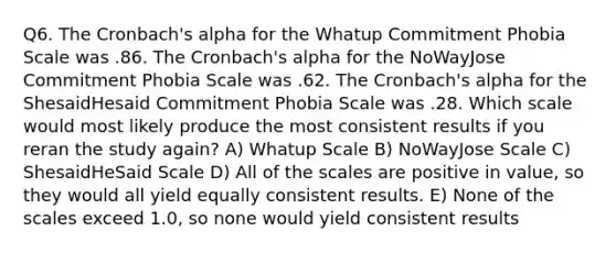 Q6. The Cronbach's alpha for the Whatup Commitment Phobia Scale was .86. The Cronbach's alpha for the NoWayJose Commitment Phobia Scale was .62. The Cronbach's alpha for the ShesaidHesaid Commitment Phobia Scale was .28. Which scale would most likely produce the most consistent results if you reran the study again? A) Whatup Scale B) NoWayJose Scale C) ShesaidHeSaid Scale D) All of the scales are positive in value, so they would all yield equally consistent results. E) None of the scales exceed 1.0, so none would yield consistent results