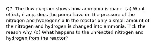 Q7. The flow diagram shows how ammonia is made. (a) What effect, if any, does the pump have on the pressure of the nitrogen and hydrogen? b In the reactor only a small amount of the nitrogen and hydrogen is changed into ammonia. Tick the reason why. (d) What happens to the unreacted nitrogen and hydrogen from the reactor?