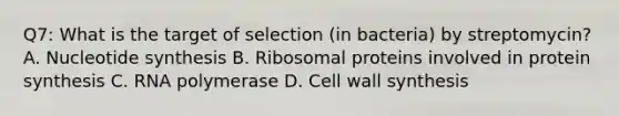 Q7: What is the target of selection (in bacteria) by streptomycin? A. Nucleotide synthesis B. Ribosomal proteins involved in protein synthesis C. RNA polymerase D. Cell wall synthesis