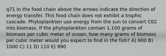 q71 In the food chain above the arrows indicate the direction of energy transfer. This food chain does not exhibit a trophic cascade. Phytoplankton use energy from the sun to convert C02 into biomass. If the phytoplankton contain 1,100 grams of biomass per cubic meter of ocean, how many grams of biomass per cubic meter would you expect to find in the fish? A) 900 B) 1000 C) 11 D) 110 E) 990