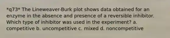 *q73* The Lineweaver-Burk plot shows data obtained for an enzyme in the absence and presence of a reversible inhibitor. Which type of inhibitor was used in the experiment? a. competitive b. uncompetitive c. mixed d. noncompetitive