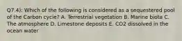 Q7.4): Which of the following is considered as a sequestered pool of the Carbon cycle? A. Terrestrial vegetation B. Marine biota C. The atmosphere D. Limestone deposits E. CO2 dissolved in the ocean water