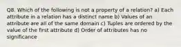 Q8. Which of the following is not a property of a relation? a) Each attribute in a relation has a distinct name b) Values of an attribute are all of the same domain c) Tuples are ordered by the value of the first attribute d) Order of attributes has no significance