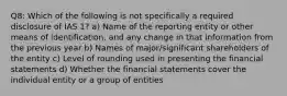 Q8: Which of the following is not specifically a required disclosure of IAS 1? a) Name of the reporting entity or other means of identification, and any change in that information from the previous year b) Names of major/significant shareholders of the entity c) Level of rounding used in presenting the financial statements d) Whether the financial statements cover the individual entity or a group of entities