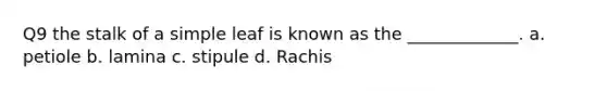 Q9 the stalk of a simple leaf is known as the _____________. a. petiole b. lamina c. stipule d. Rachis