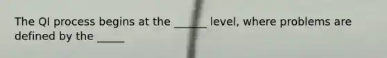 The QI process begins at the ______ level, where problems are defined by the _____