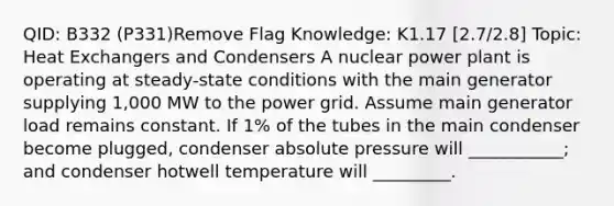 QID: B332 (P331)Remove Flag Knowledge: K1.17 [2.7/2.8] Topic: Heat Exchangers and Condensers A nuclear power plant is operating at steady-state conditions with the main generator supplying 1,000 MW to the power grid. Assume main generator load remains constant. If 1% of the tubes in the main condenser become plugged, condenser absolute pressure will ___________; and condenser hotwell temperature will _________.