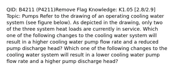 QID: B4211 (P4211)Remove Flag Knowledge: K1.05 [2.8/2.9] Topic: Pumps Refer to the drawing of an operating cooling water system (see figure below). As depicted in the drawing, only two of the three system heat loads are currently in service. Which one of the following changes to the cooling water system will result in a higher cooling water pump flow rate and a reduced pump discharge head? Which one of the following changes to the cooling water system will result in a lower cooling water pump flow rate and a higher pump discharge head?