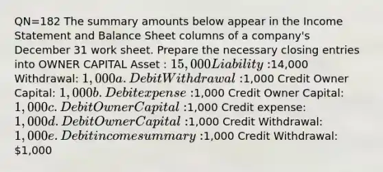 QN=182 The summary amounts below appear in the Income Statement and Balance Sheet columns of a company's December 31 work sheet. Prepare the necessary closing entries into OWNER CAPITAL Asset : 15,000 Liability:14,000 Withdrawal: 1,000 a. Debit Withdrawal:1,000 Credit Owner Capital: 1,000 b. Debit expense:1,000 Credit Owner Capital: 1,000 c. Debit Owner Capital:1,000 Credit expense: 1,000 d. Debit Owner Capital:1,000 Credit Withdrawal: 1,000 e. Debit income summary:1,000 Credit Withdrawal: 1,000