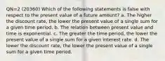 QN=2 (20360) Which of the following statements is false with respect to the present value of a future amount? a. The higher the discount rate, the lower the present value of a single sum for a given time period. b. The relation between present value and time is exponential. c. The greater the time period, the lower the present value of a single sum for a given interest rate. d. The lower the discount rate, the lower the present value of a single sum for a given time period.