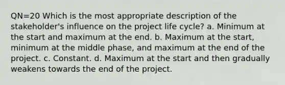 QN=20 Which is the most appropriate description of the stakeholder's influence on the project life cycle? a. Minimum at the start and maximum at the end. b. Maximum at the start, minimum at the middle phase, and maximum at the end of the project. c. Constant. d. Maximum at the start and then gradually weakens towards the end of the project.