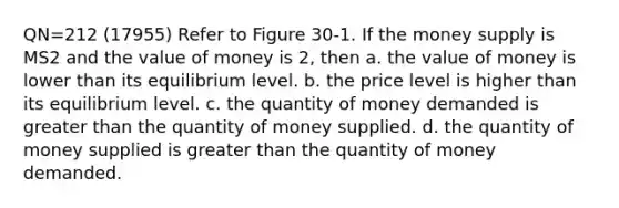 QN=212 (17955) Refer to Figure 30-1. If the money supply is MS2 and the value of money is 2, then a. the value of money is lower than its equilibrium level. b. the price level is higher than its equilibrium level. c. the quantity of money demanded is greater than the quantity of money supplied. d. the quantity of money supplied is greater than the quantity of money demanded.