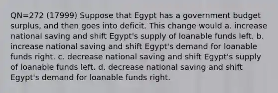 QN=272 (17999) Suppose that Egypt has a government budget surplus, and then goes into deficit. This change would a. increase national saving and shift Egypt's supply of loanable funds left. b. increase national saving and shift Egypt's demand for loanable funds right. c. decrease national saving and shift Egypt's supply of loanable funds left. d. decrease national saving and shift Egypt's demand for loanable funds right.