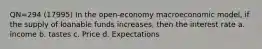 QN=294 (17995) In the open-economy macroeconomic model, if the supply of loanable funds increases, then the interest rate a. income b. tastes c. Price d. Expectations