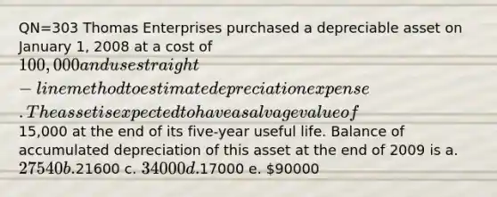 QN=303 Thomas Enterprises purchased a depreciable asset on January 1, 2008 at a cost of 100,000 and use straight-line method to estimate depreciation expense. The asset is expected to have a salvage value of15,000 at the end of its five-year useful life. Balance of accumulated depreciation of this asset at the end of 2009 is a. 27540 b.21600 c. 34000 d.17000 e. 90000