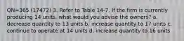 QN=365 (17472) 3. Refer to Table 14-7. If the firm is currently producing 14 units, what would you advise the owners? a. decrease quantity to 13 units b. increase quantity to 17 units c. continue to operate at 14 units d. increase quantity to 16 units