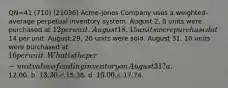 QN=41 (710) (21036) Acme-Jones Company uses a weighted-average perpetual inventory system. August 2, 8 units were purchased at 12 per unit. August 18, 15 units were purchased at14 per unit. August 29, 20 units were sold. August 31, 10 units were purchased at 16 per unit. What is the per-unit value of ending inventory on August 31? a.12.00. b. 13.30. c.15.38. d. 16.00. e.17.74.