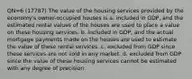 QN=6 (17787) The value of the housing services provided by the economy's owner-occupied houses is a. included in GDP, and the estimated rental values of the houses are used to place a value on these housing services. b. included in GDP, and the actual mortgage payments made on the houses are used to estimate the value of these rental services. c. excluded from GDP since these services are not sold in any market. d. excluded from GDP since the value of these housing services cannot be estimated with any degree of precision.