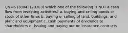 QN=6 (3804) (20303) Which one of the following is NOT a cash flow from investing activities? a. buying and selling bonds or stock of other firms b. buying or selling of land, buildings, and plant and equipment c. cash payments of dividends to shareholders d. issuing and paying out on insurance contracts