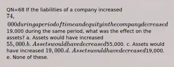 QN=68 If the liabilities of a company increased 74,000 during a period of time and equity in the company decreased19,000 during the same period, what was the effect on the assets? a. Assets would have increased 55,000. b. Assets would have decreased55,000. c. Assets would have increased 19,000. d. Assets would have decreased19,000. e. None of these.