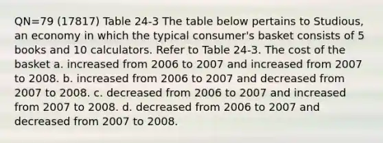 QN=79 (17817) Table 24-3 The table below pertains to Studious, an economy in which the typical consumer's basket consists of 5 books and 10 calculators. Refer to Table 24-3. The cost of the basket a. increased from 2006 to 2007 and increased from 2007 to 2008. b. increased from 2006 to 2007 and decreased from 2007 to 2008. c. decreased from 2006 to 2007 and increased from 2007 to 2008. d. decreased from 2006 to 2007 and decreased from 2007 to 2008.