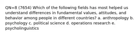 QN=8 (7654) Which of the following fields has most helped us understand differences in fundamental values, attitudes, and behavior among people in different countries? a. anthropology b. psychology c. political science d. operations research e. psycholinguistics