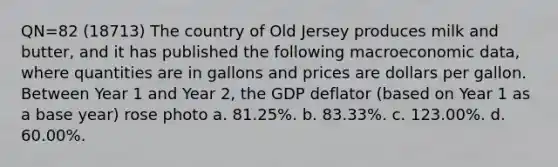 QN=82 (18713) The country of Old Jersey produces milk and butter, and it has published the following macroeconomic data, where quantities are in gallons and prices are dollars per gallon. Between Year 1 and Year 2, the GDP deflator (based on Year 1 as a base year) rose photo a. 81.25%. b. 83.33%. c. 123.00%. d. 60.00%.