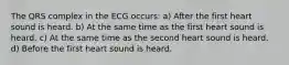 The QRS complex in the ECG occurs: a) After the first heart sound is heard. b) At the same time as the first heart sound is heard. c) At the same time as the second heart sound is heard. d) Before the first heart sound is heard.