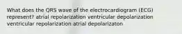 What does the QRS wave of the electrocardiogram (ECG) represent? atrial repolarization ventricular depolarization ventricular repolarization atrial depolarizaton