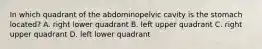 In which quadrant of the abdominopelvic cavity is the stomach located? A. right lower quadrant B. left upper quadrant C. right upper quadrant D. left lower quadrant