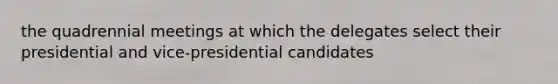 the quadrennial meetings at which the delegates select their presidential and vice-presidential candidates