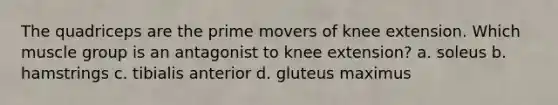 The quadriceps are the prime movers of knee extension. Which muscle group is an antagonist to knee extension? a. soleus b. hamstrings c. tibialis anterior d. gluteus maximus