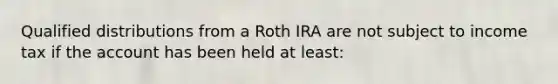 Qualified distributions from a Roth IRA are not subject to income tax if the account has been held at least: