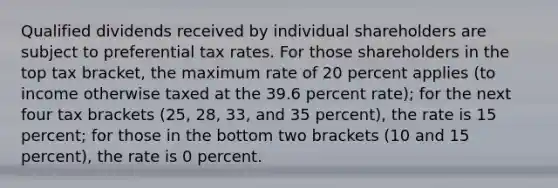 Qualified dividends received by individual shareholders are subject to preferential tax rates. For those shareholders in the top tax bracket, the maximum rate of 20 percent applies (to income otherwise taxed at the 39.6 percent rate); for the next four tax brackets (25, 28, 33, and 35 percent), the rate is 15 percent; for those in the bottom two brackets (10 and 15 percent), the rate is 0 percent.