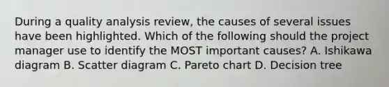 During a quality analysis review, the causes of several issues have been highlighted. Which of the following should the project manager use to identify the MOST important causes? A. Ishikawa diagram B. Scatter diagram C. Pareto chart D. Decision tree