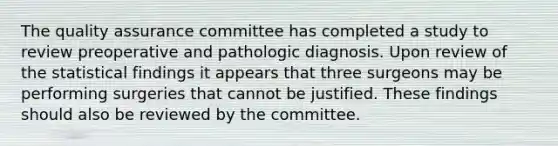 The quality assurance committee has completed a study to review preoperative and pathologic diagnosis. Upon review of the statistical findings it appears that three surgeons may be performing surgeries that cannot be justified. These findings should also be reviewed by the committee.