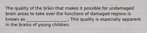 The quality of the brain that makes it possible for undamaged brain areas to take over the functions of damaged regions is known as ____________________. This quality is especially apparent in the brains of young children.