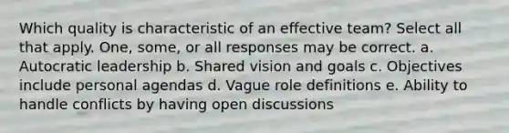 Which quality is characteristic of an effective team? Select all that apply. One, some, or all responses may be correct. a. Autocratic leadership b. Shared vision and goals c. Objectives include personal agendas d. Vague role definitions e. Ability to handle conflicts by having open discussions