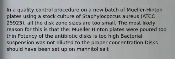 In a quality control procedure on a new batch of Mueller-Hinton plates using a stock culture of Staphylococcus aureus (ATCC 25923), all the disk zone sizes are too small. The most likely reason for this is that the: Mueller-Hinton plates were poured too thin Potency of the antibiotic disks is too high Bacterial suspension was not diluted to the proper concentration Disks should have been set up on mannitol salt