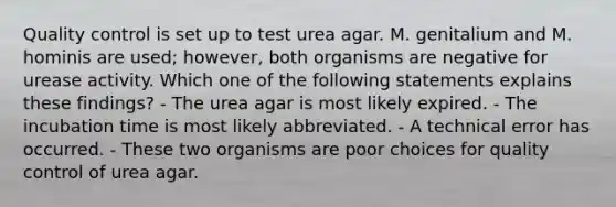 Quality control is set up to test urea agar. M. genitalium and M. hominis are used; however, both organisms are negative for urease activity. Which one of the following statements explains these findings? - The urea agar is most likely expired. - The incubation time is most likely abbreviated. - A technical error has occurred. - These two organisms are poor choices for quality control of urea agar.