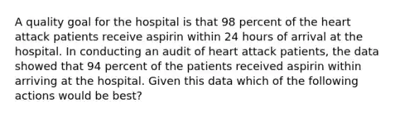 A quality goal for the hospital is that 98 percent of <a href='https://www.questionai.com/knowledge/kya8ocqc6o-the-heart' class='anchor-knowledge'>the heart</a> attack patients receive aspirin within 24 hours of arrival at the hospital. In conducting an audit of heart attack patients, the data showed that 94 percent of the patients received aspirin within arriving at the hospital. Given this data which of the following actions would be best?