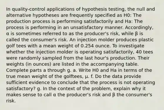 In quality-control applications of hypothesis​ testing, the null and alternative hypotheses are frequently specified as H0​: The production process is performing satisfactorily and Ha​: The process is performing in an unsatisfactory manner.​ Accordingly, α is sometimes referred to as the​ producer's risk, while β is called the​ consumer's risk. An injection molder produces plastic golf tees with a mean weight of 0.254 ounce. To investigate whether the injection molder is operating​ satisfactorily, 40 tees were randomly sampled from the last​ hour's production. Their weights​ (in ounces) are listed in the accompanying table. Complete parts a through g. a. Write H0 and Ha in terms of the true mean weight of the golf​tees, μ. f. Do the data provide sufficient evidence to conclude that the process is not operating​ satisfactory? g. In the context of the​ problem, explain why it makes sense to call α the​ producer's risk and β the​ consumer's risk.